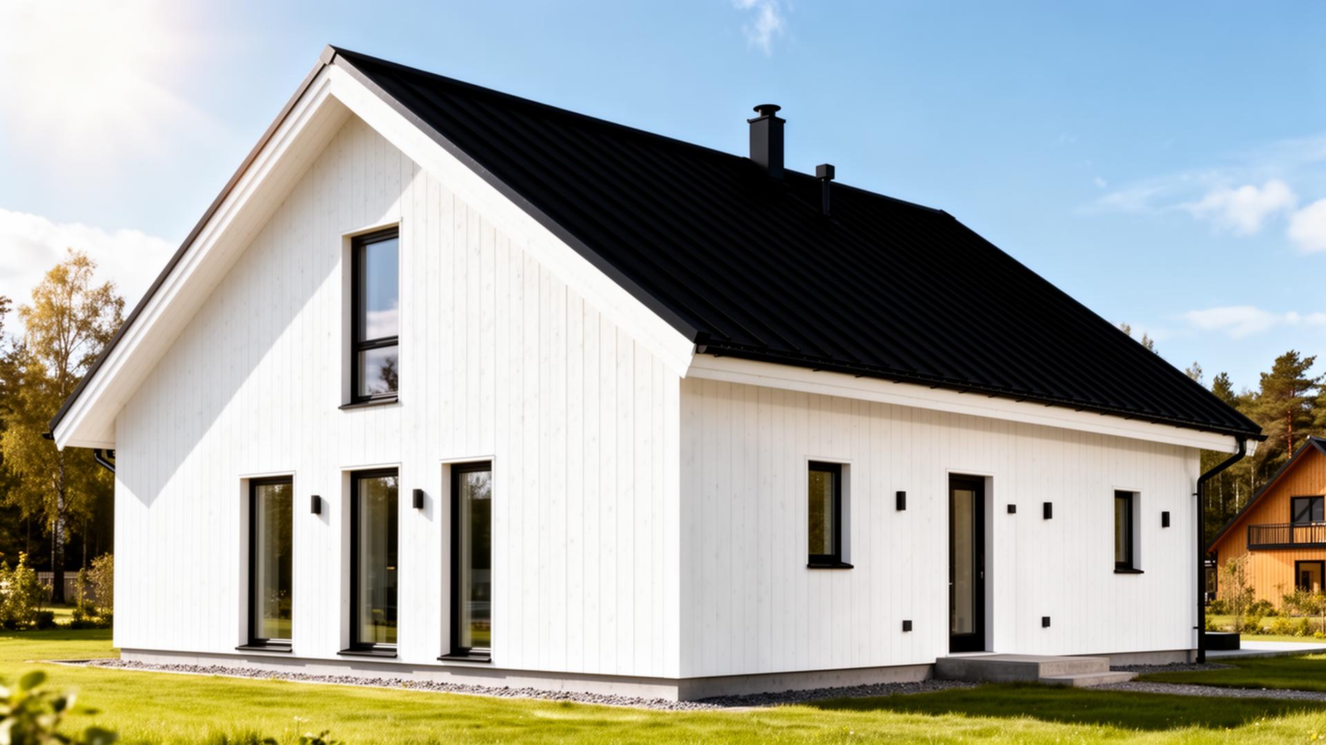 Nytvättat och nymålat vitt hus med svart tak